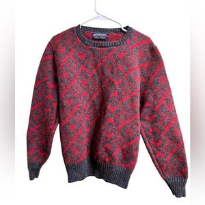Vintage Puritan Shetland Wool Sweater Men’s L Red Gray Geometric Knit USA Made